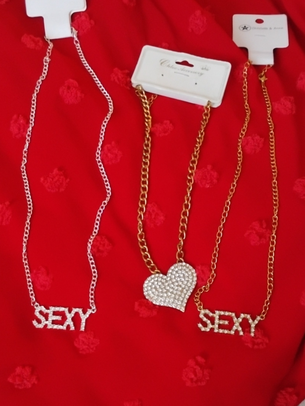 Crystal 'SEXY' & Heart Pendant Trio NecklacesGold and Silver ToneFun Fashion🆕✨